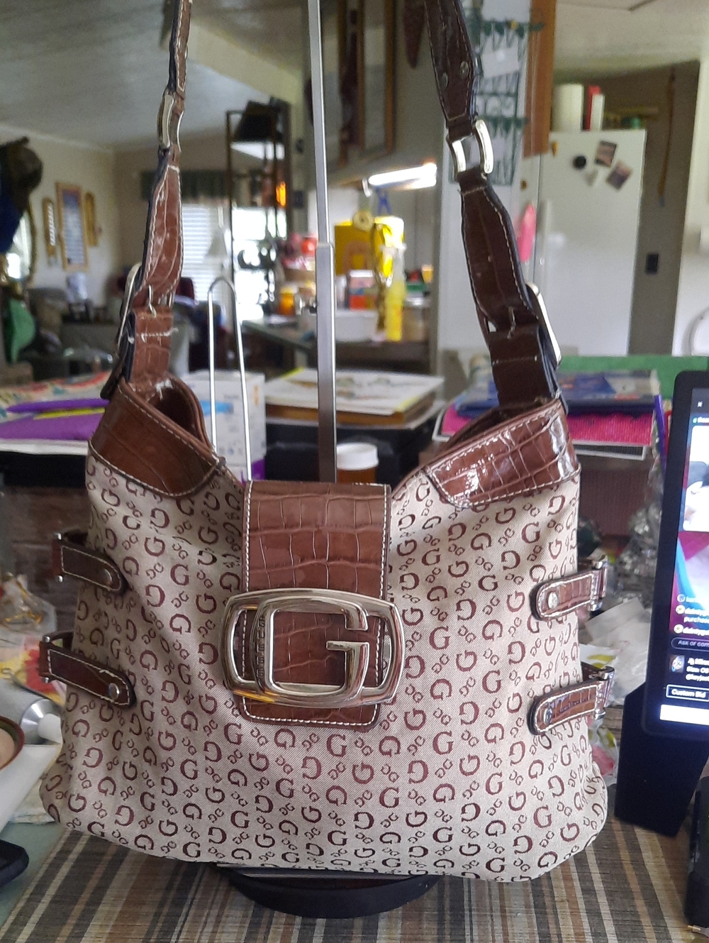 Brown and Cream Monogram Shoulder Bag with Buckle Accent